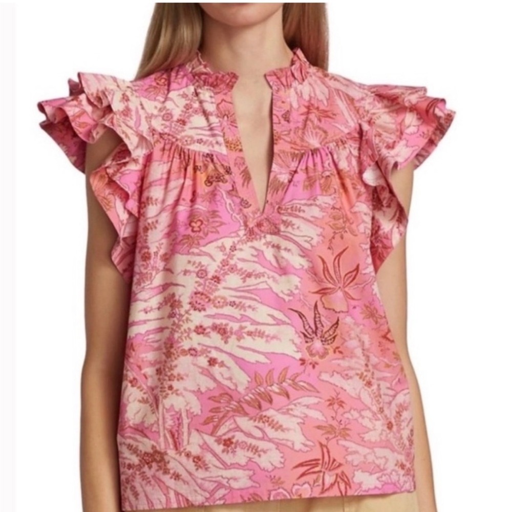 Ulla Johnson Lei Flutter Sleeve Top Women 8 Pink Camellia Floral Ruffle Blouse